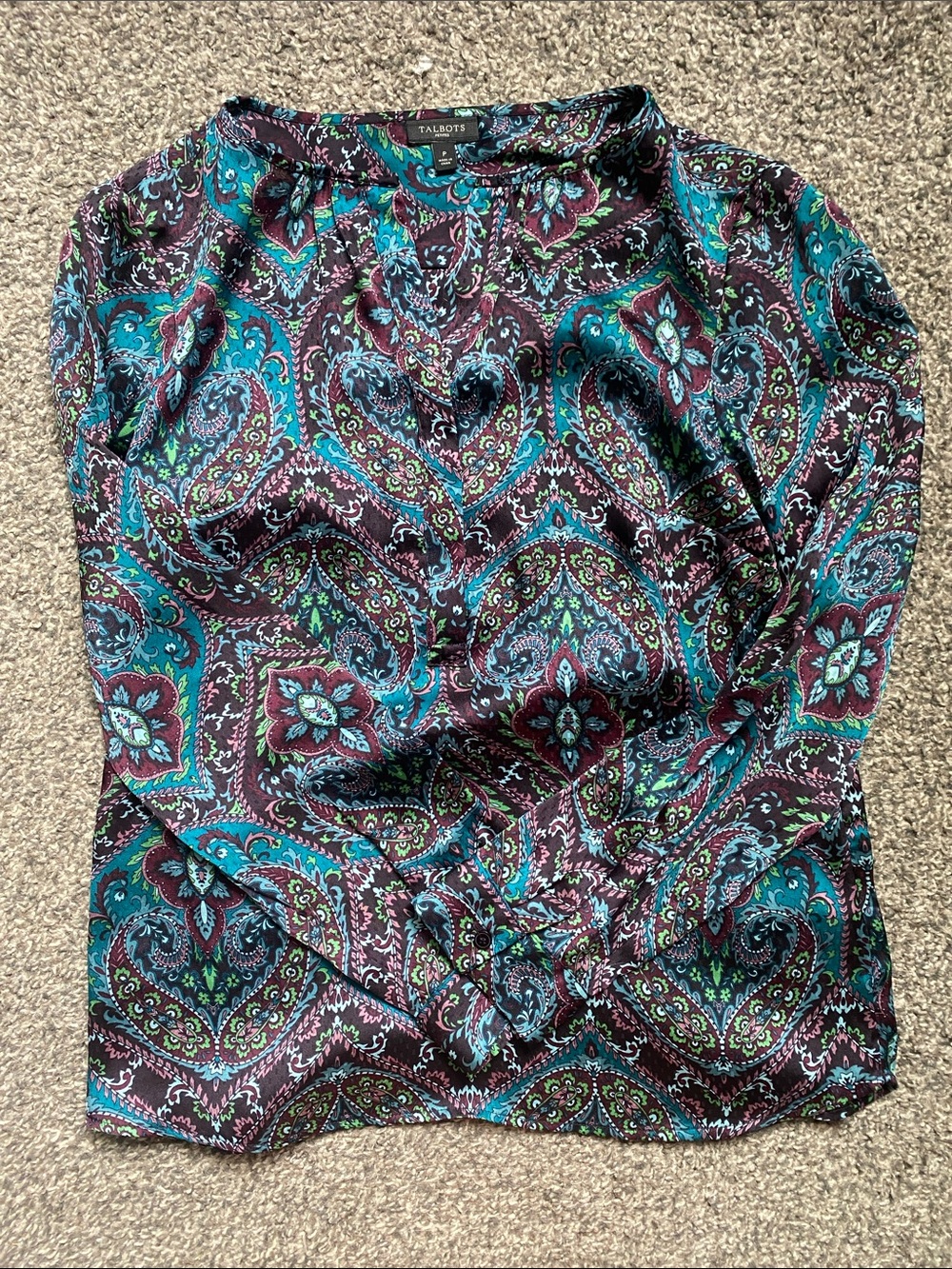 Talbots Teal and Purple Paisley Long-Sleeve Blouse
